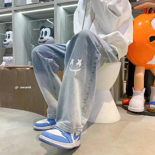 Harajuku Smile Print Baggy Pants Men Streetwear Wide Leg Oversize Jeans Vintage Y2k Straight Long Trousers Male 2025 Fashion