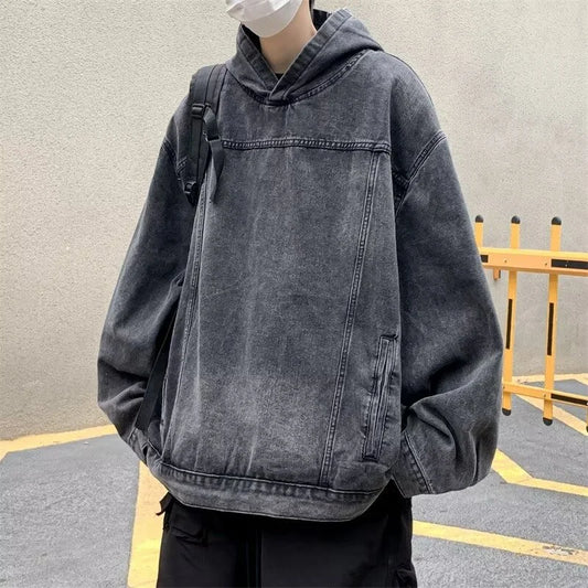 Autumn Y2K Vintage Streetwear Denim Hoodies For Man Harajuku Gothic Retro Hooded Sweatshirts Oversized Patchwork Pullover Hoodie