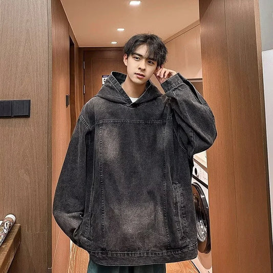 Autumn Y2K Vintage Streetwear Denim Hoodies For Man Harajuku Gothic Retro Hooded Sweatshirts Oversized Patchwork Pullover Hoodie